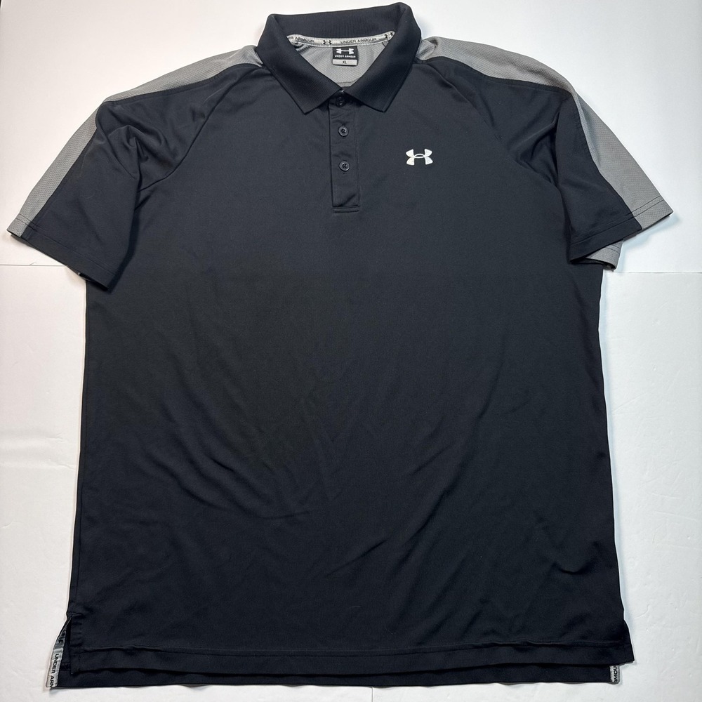 Under Armour Polo Shirt Mens XL Black Gray Raglan Golf Performance Athletic
